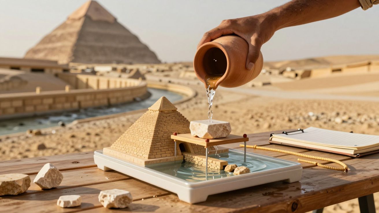 Modelo de pirâmide no deserto com água a ser vertida sobre ela, bloco de pedra e notas à direita.