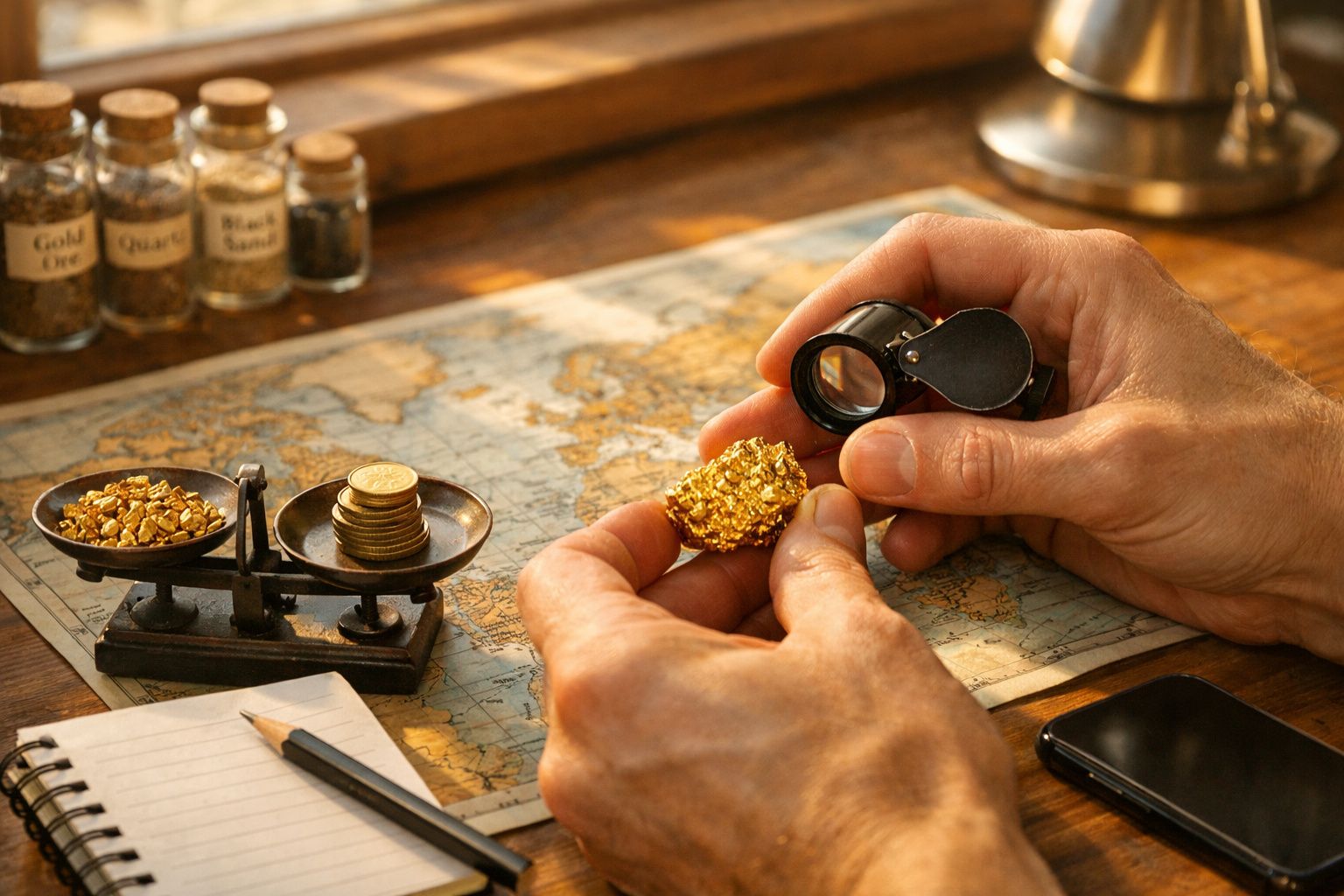 Mãos seguram ouro bruto e lupa sobre mapa, com balança e frascos de minerais ao lado.
