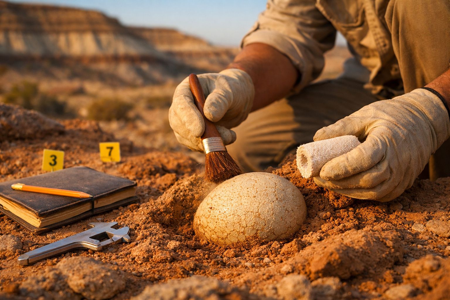 Arqueólogo limpa fóssil em escavação com pincel e enxada pequena, ao lado de caderno e ferramentas.