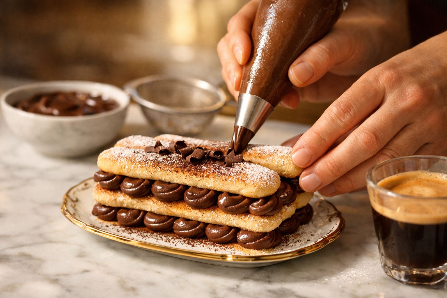 Mãos decoram sobremesa de biscoitos, creme de chocolate e raspas, ao lado de expresso.