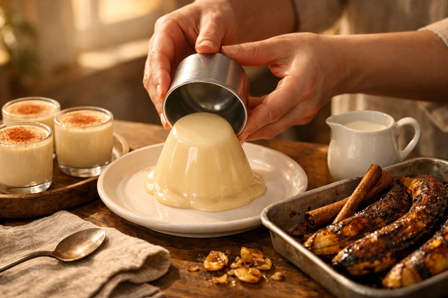 Pessoa desenformando pudim, ao lado de bananas caramelizadas e creme em taças, sobre mesa de madeira.