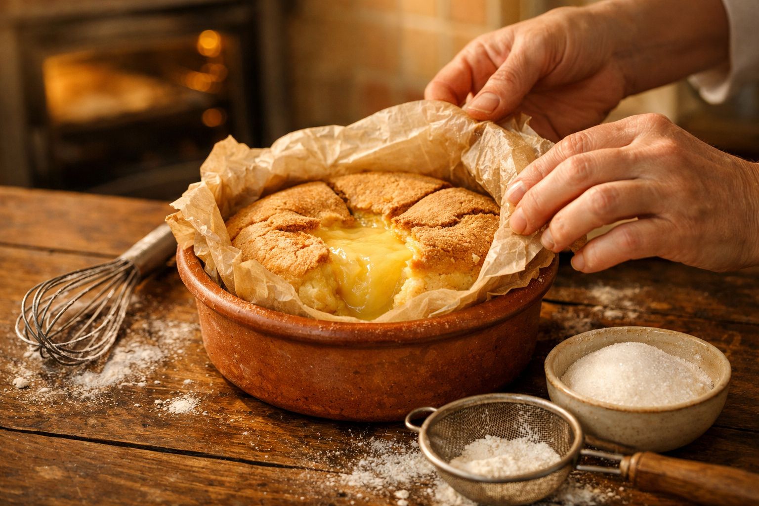 Bolo de leite cremoso em forma de barro, sobre mesa de madeira, com mãos ajustando papel vegetal.