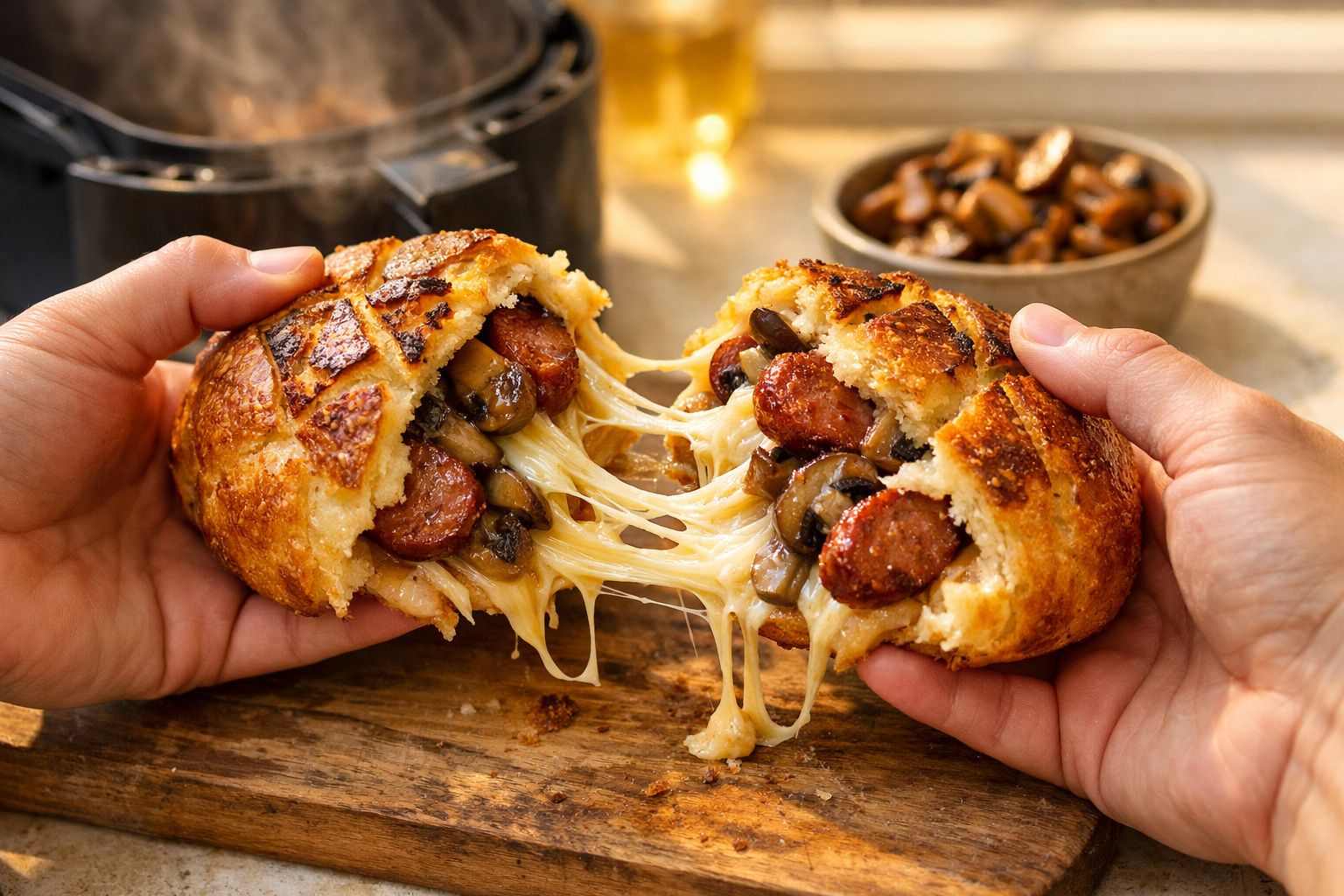 Pão recheado com queijo derretido, chouriço e cogumelos, sendo partido ao meio por duas mãos.