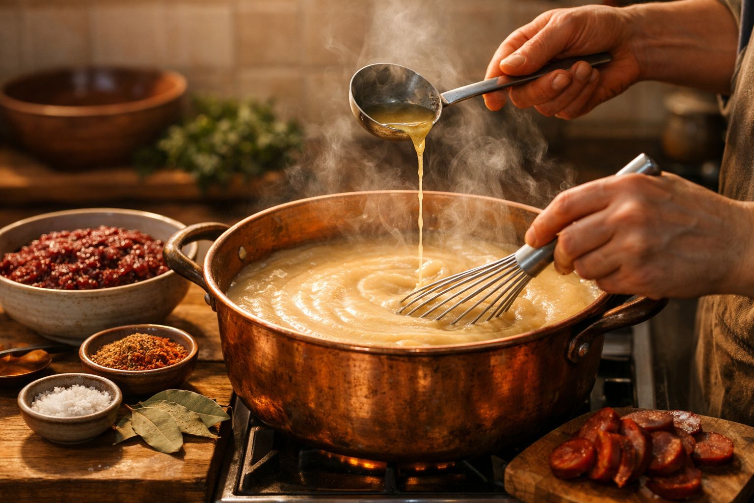 Pessoa mexe puré num tacho de cobre, adicionando caldo com uma concha em ambiente de cozinha rústica.