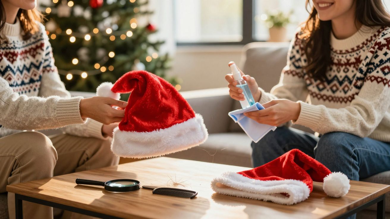 Duas pessoas a segurar chapéus de Natal vermelhos numa sala decorada com árvore de Natal ao fundo.