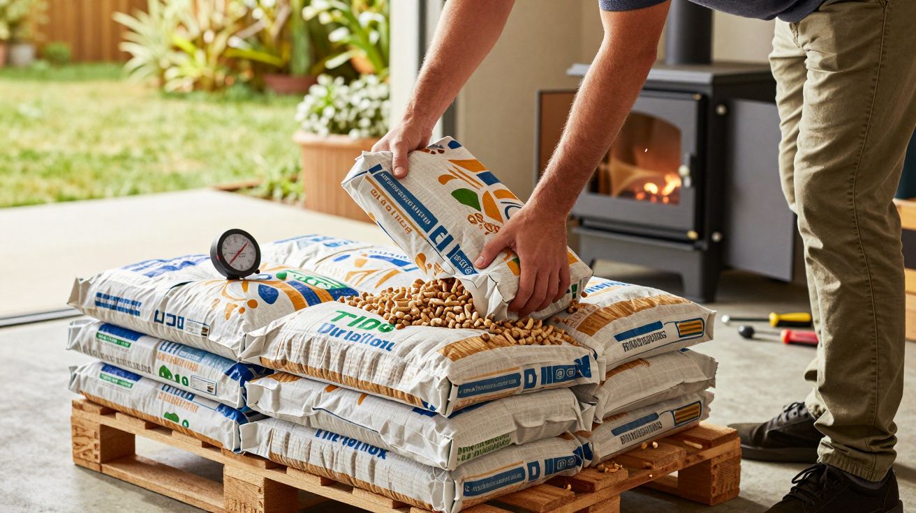 Homem segurando saco de pellets de madeira sobre palete, lareira acesa ao fundo.