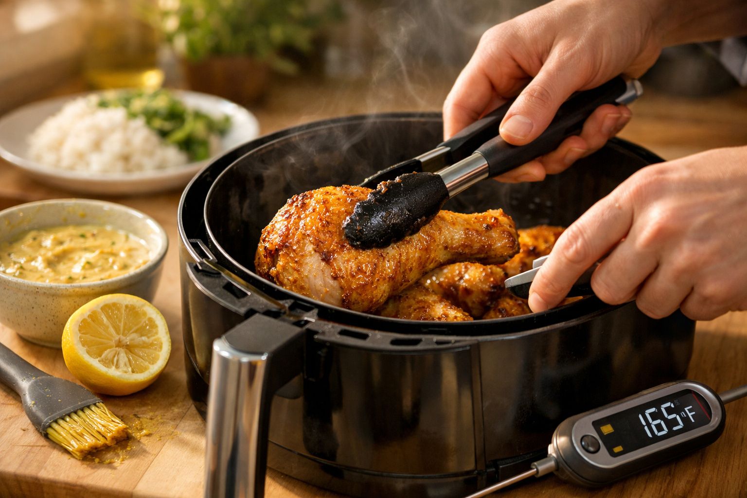 Frango frito dourado a ser retirado de uma fritadeira com pinça, termómetro digital mostra 165°F, limão e molho ao lado.