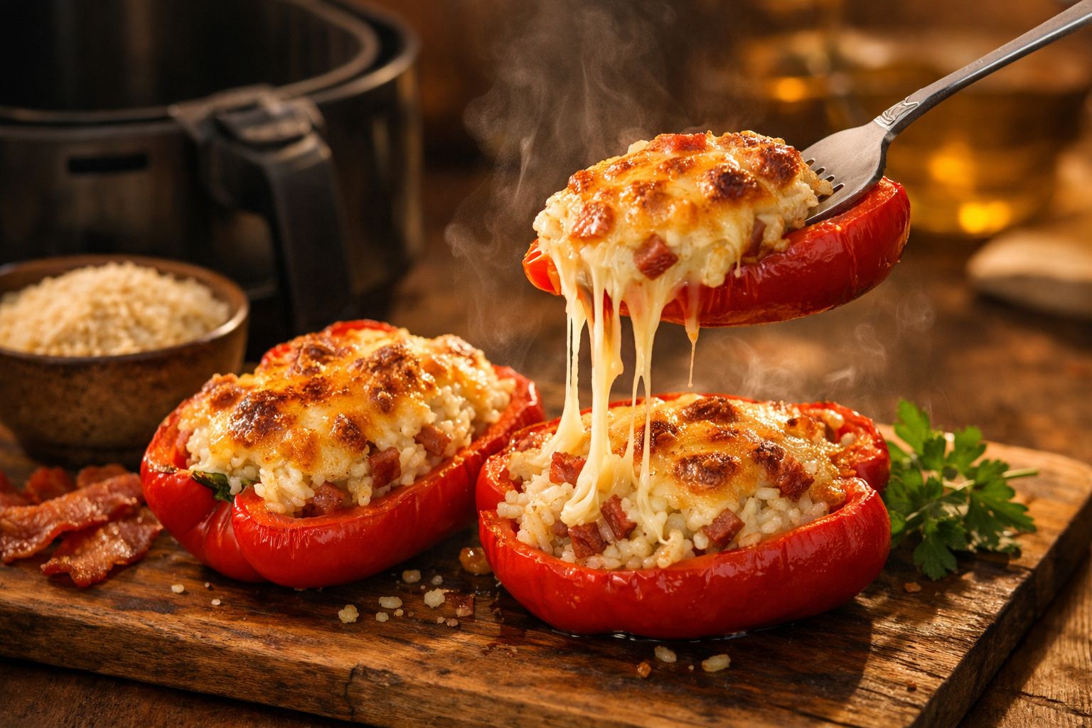 Pimentos vermelhos recheados com arroz, carne e queijo derretido servidos numa tábua de madeira.