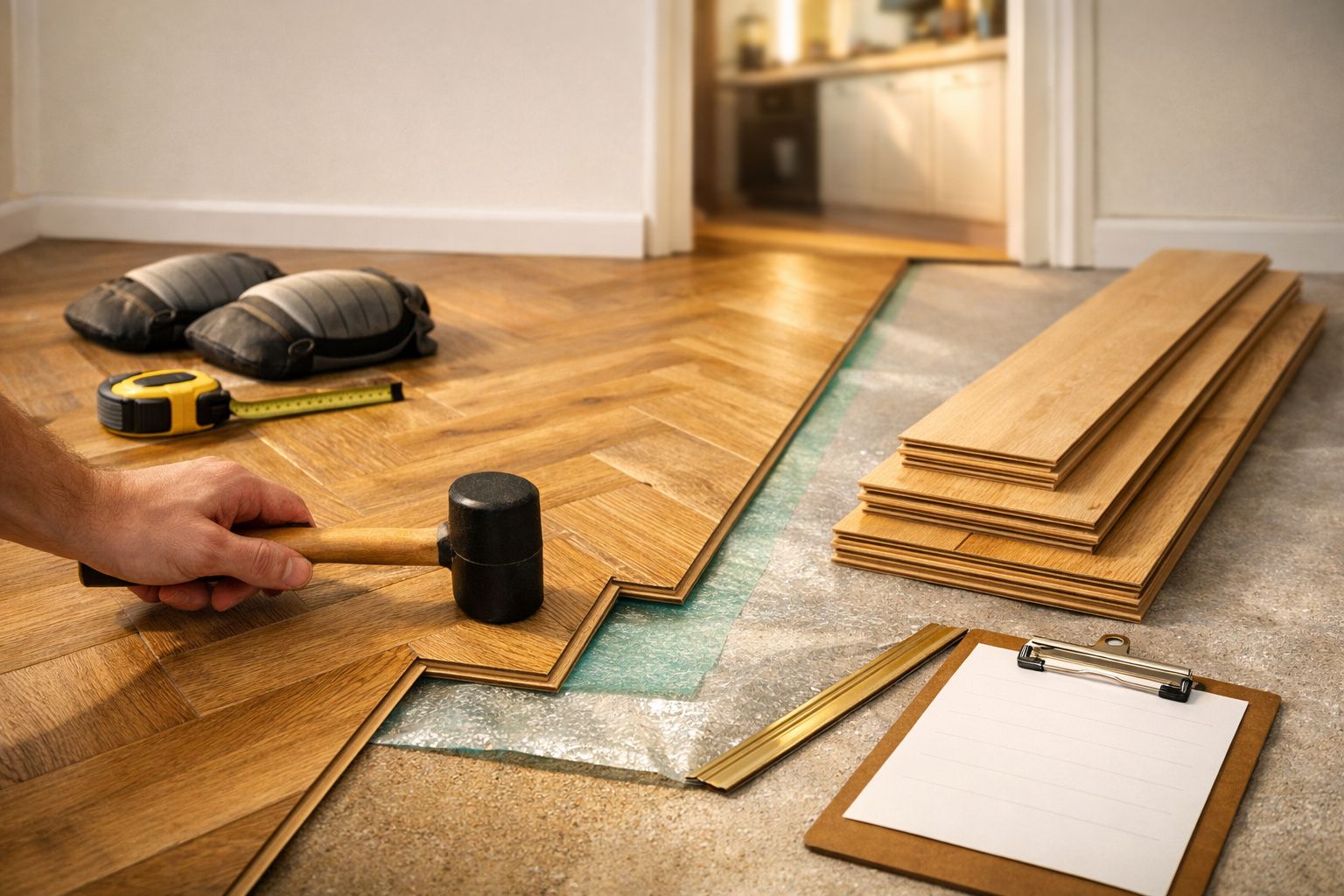 Colocação de chão de madeira em espinha. Martelo, joelheiras e fita métrica ao lado. Entrada de cozinha ao fundo.