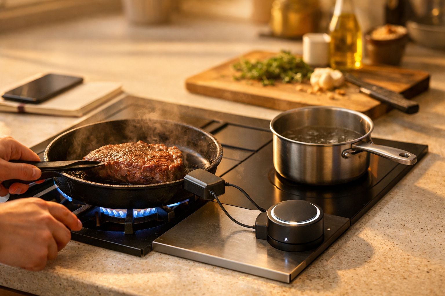 Mão cozinha bife numa frigideira sobre fogão a gás; tacho ao lado. Tábuas de corte ao fundo com ervas e alho.