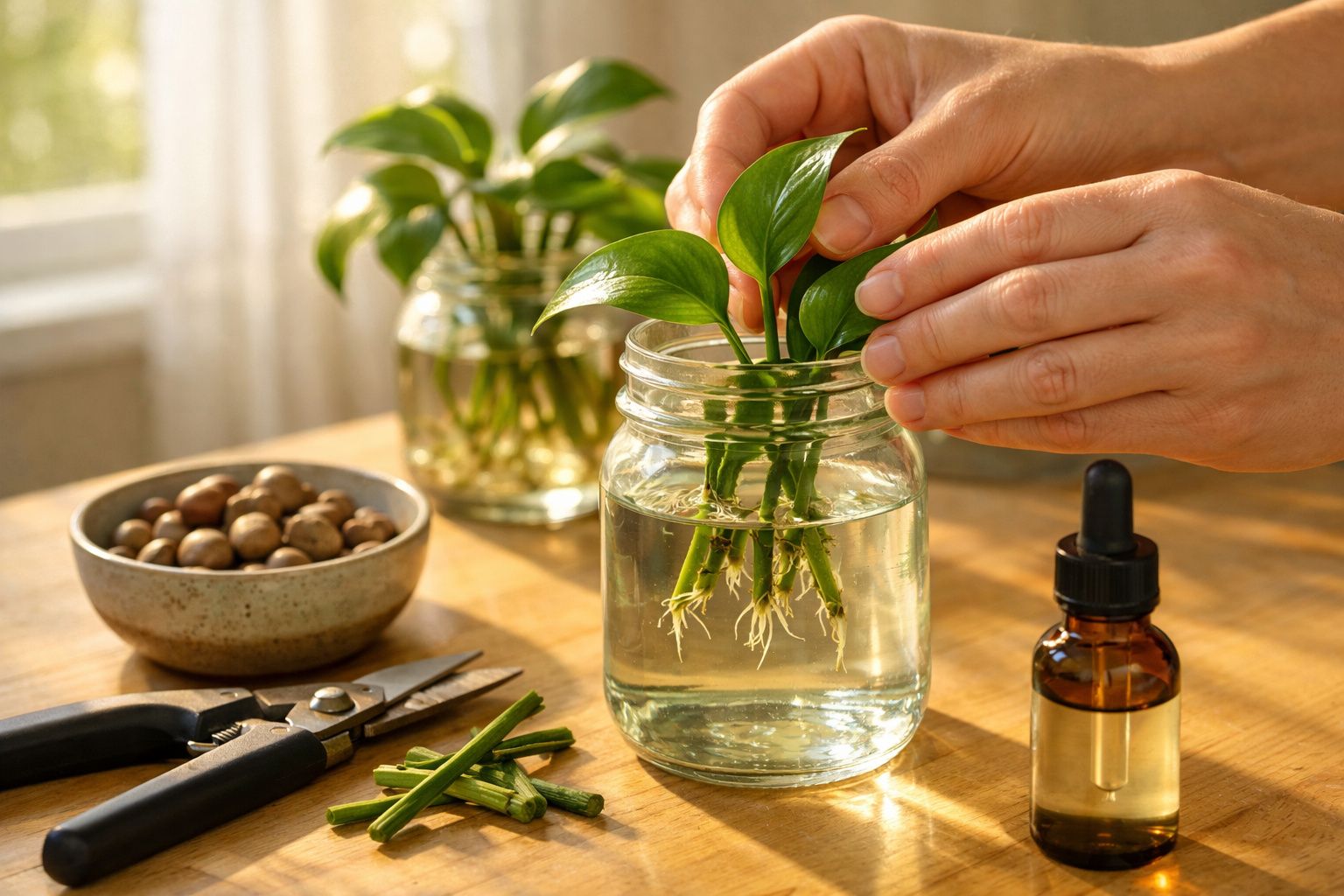 Mãos cuidando de plantas enraizadas em água num frasco de vidro, com uma tesoura e frasco de óleo sobre a mesa.
