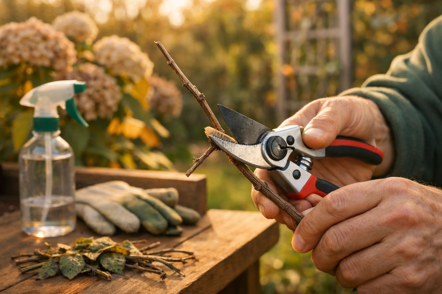 Mãos segurando tesoura de poda cortando galho. Luvas e pulverizador sobre a mesa, flores ao fundo.