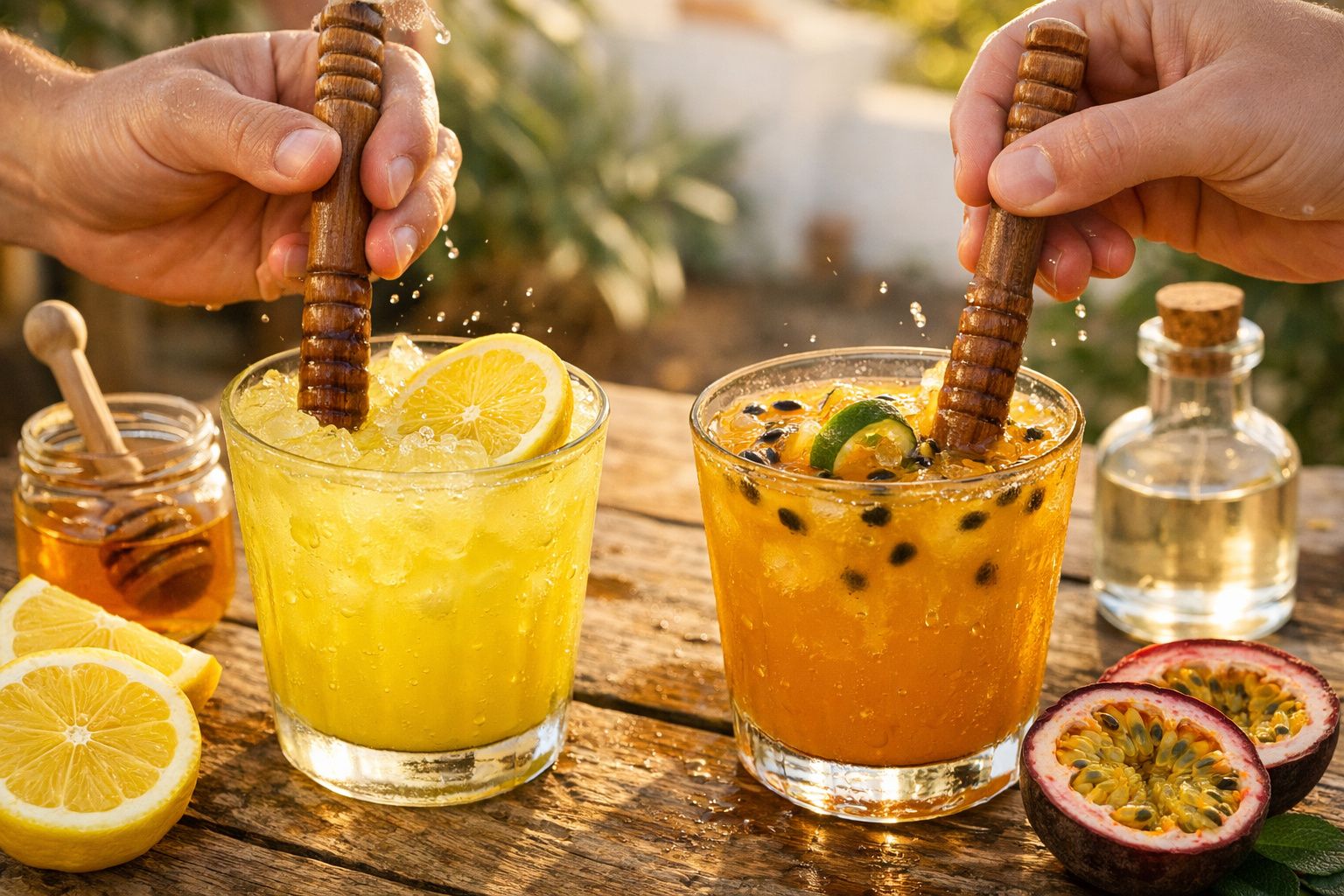Duas bebidas com rodela de limão e maracujá, servidas em copos de vidro sobre mesa de madeira.