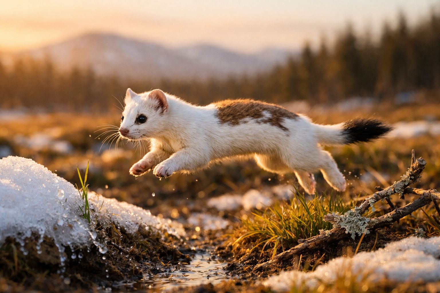 Mustela a saltar sobre um riacho num campo nevado ao pôr do sol, com árvores e montanhas ao fundo.