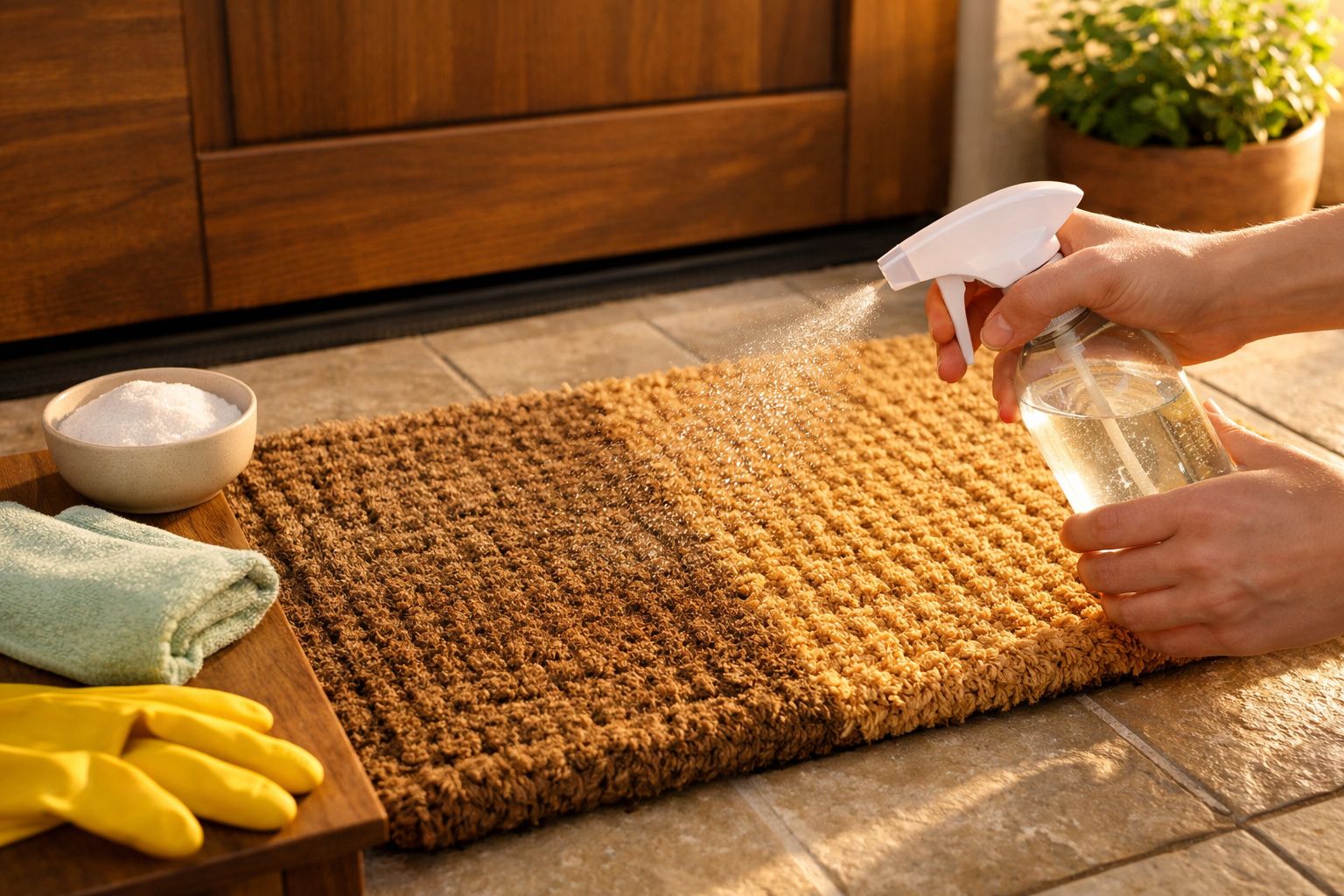 Pessoa a pulverizar solução de limpeza num tapete à entrada de uma porta, com luvas, pano e tigela ao lado.