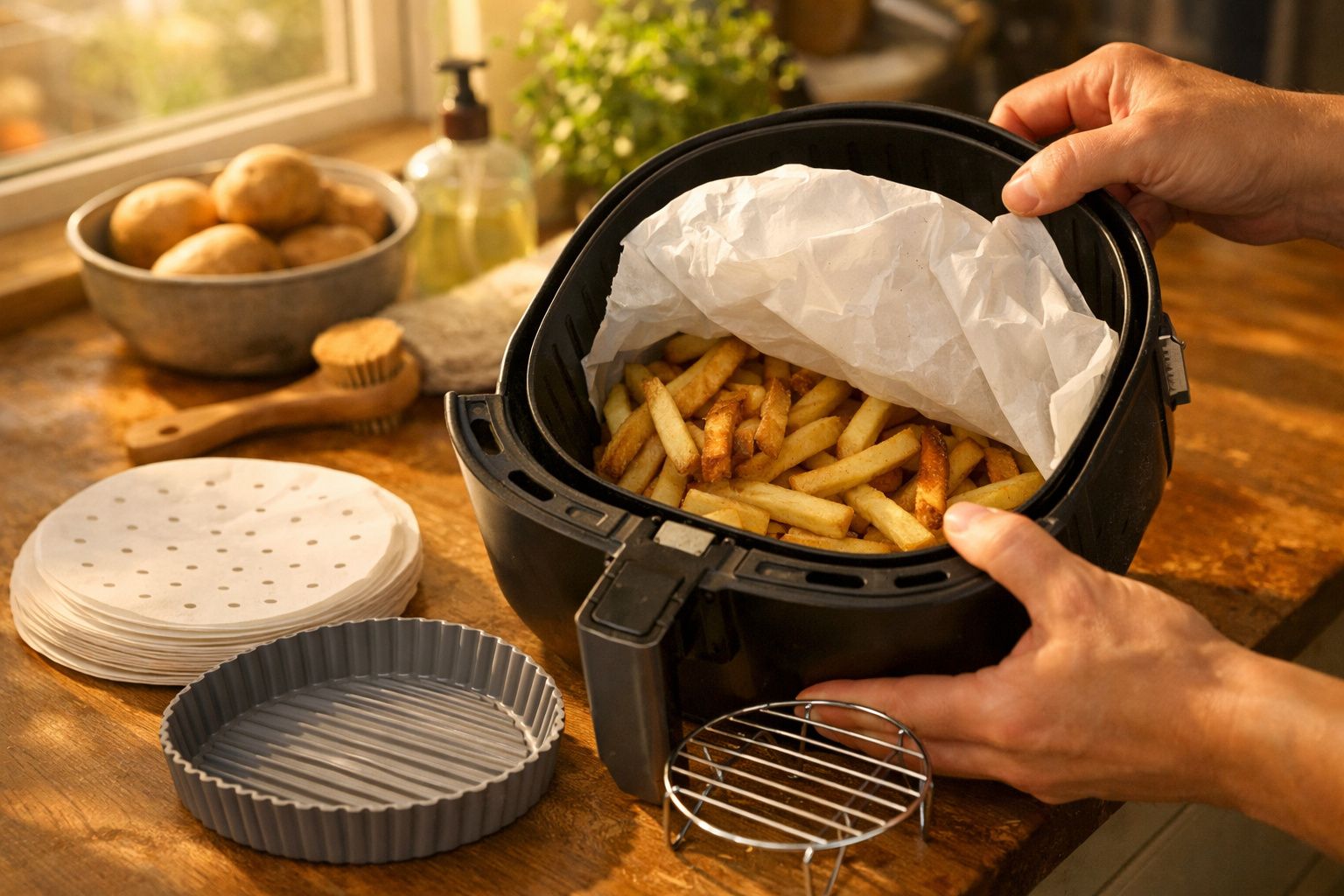 Mãos seguram fritadeira com batatas fritas. Ao lado, acessórios e uma tigela com batatas cruas sobre a bancada.