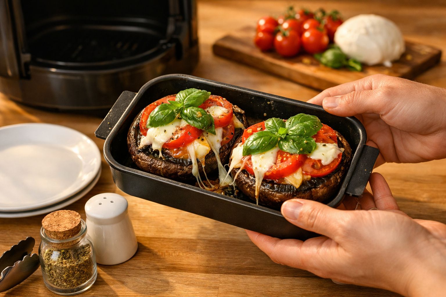 Mãos seguram tabuleiro com cogumelos recheados com tomate, queijo derretido e manjericão, em fundo de cozinha.