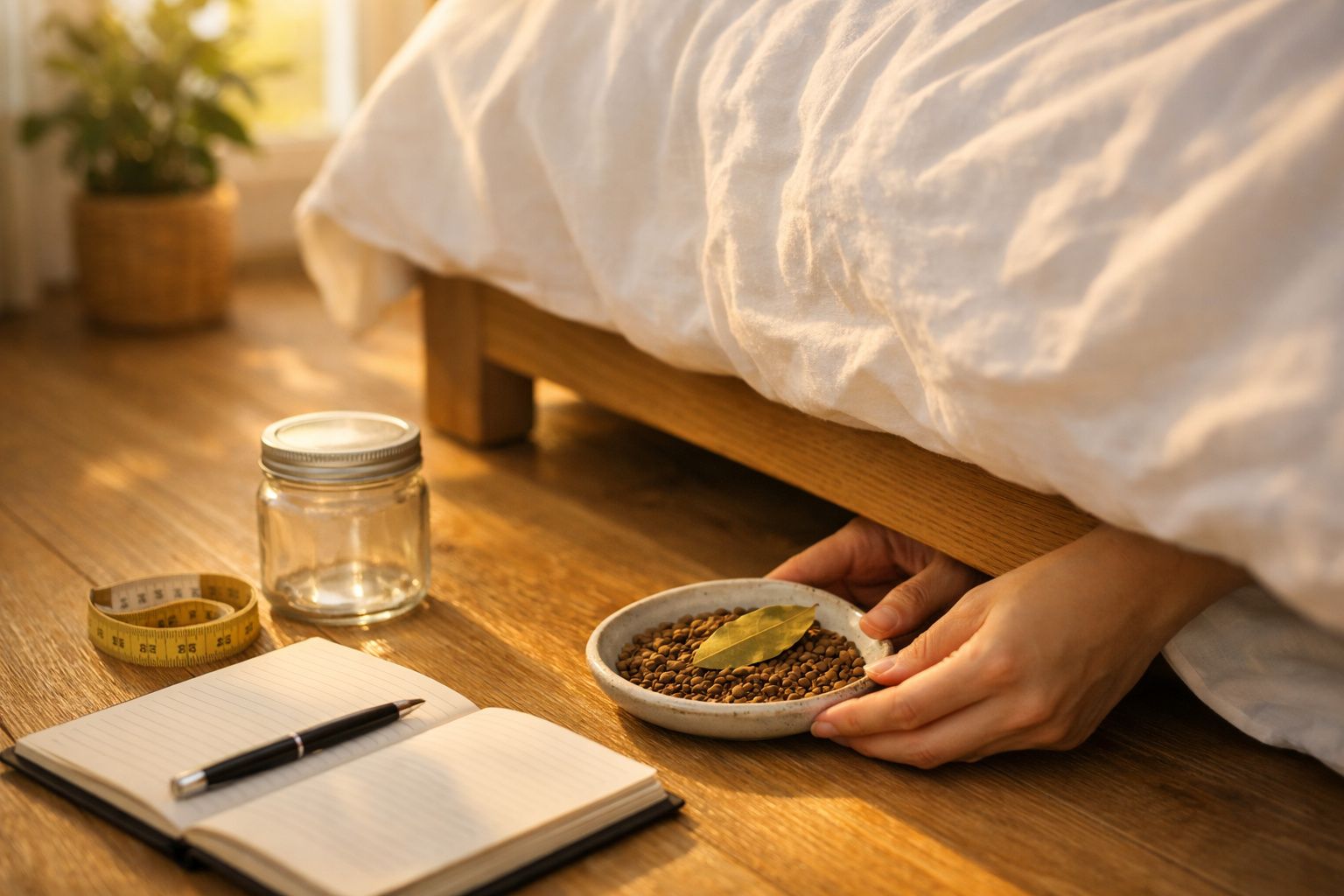 Mãos colocam um prato com feijões e folha de louro debaixo da cama; caderno, caneta e jarro ao lado.
