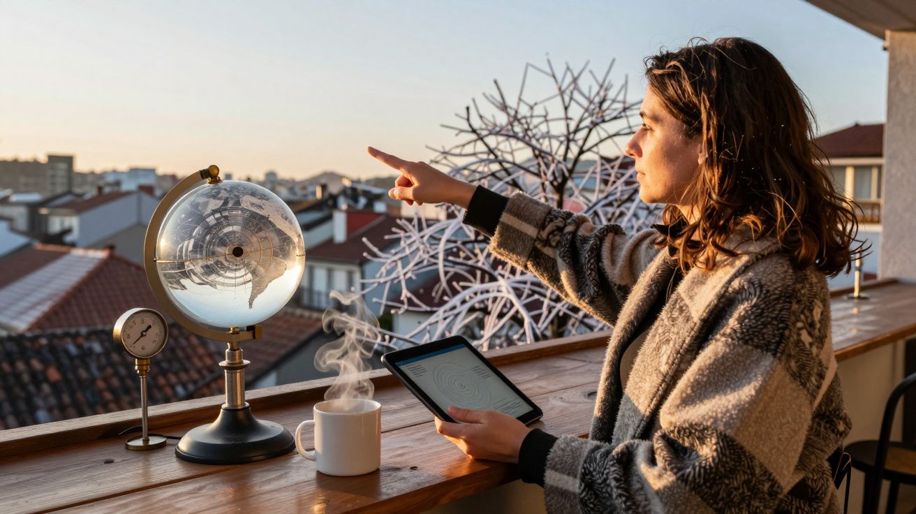 Mulher no terraço aponta para o horizonte, segurando tablet; céu claro, globo e chá na mesa.
