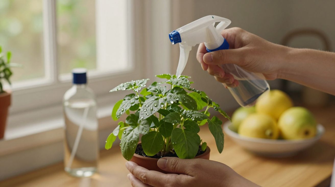 Pessoa borrifa água numa planta numa cozinha.