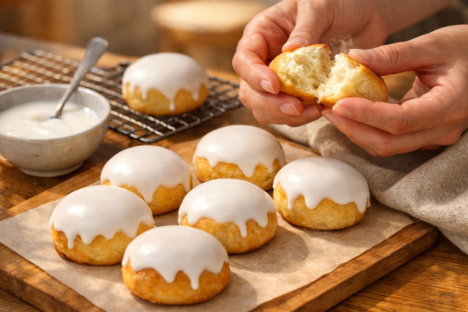 Bolos com cobertura branca sobre tabuleiro de madeira; uma pessoa a partir um deles. Uma tigela e uma rede ao fundo.