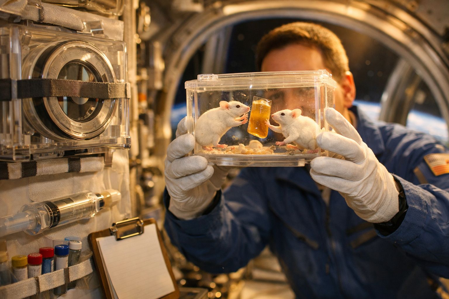 Dois ratos brancos numa caixa transparente no espaço, segurados por um astronauta com luvas.
