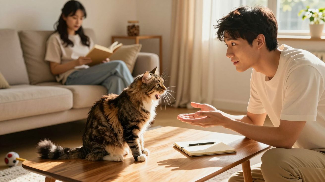 Homem interage com gato numa mesa de madeira; mulher ao fundo lê num sofá, em sala iluminada pelo sol.