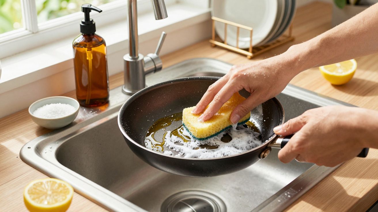 Pessoa a lavar uma frigideira com esponja amarela e detergente, junto a pia, limão cortado ao meio na bancada.