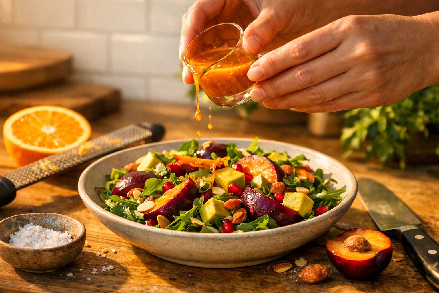 Mãos a verter molho sobre salada colorida com abacate, beterraba e amêndoas numa tigela de cerâmica, com laranja ao fundo.