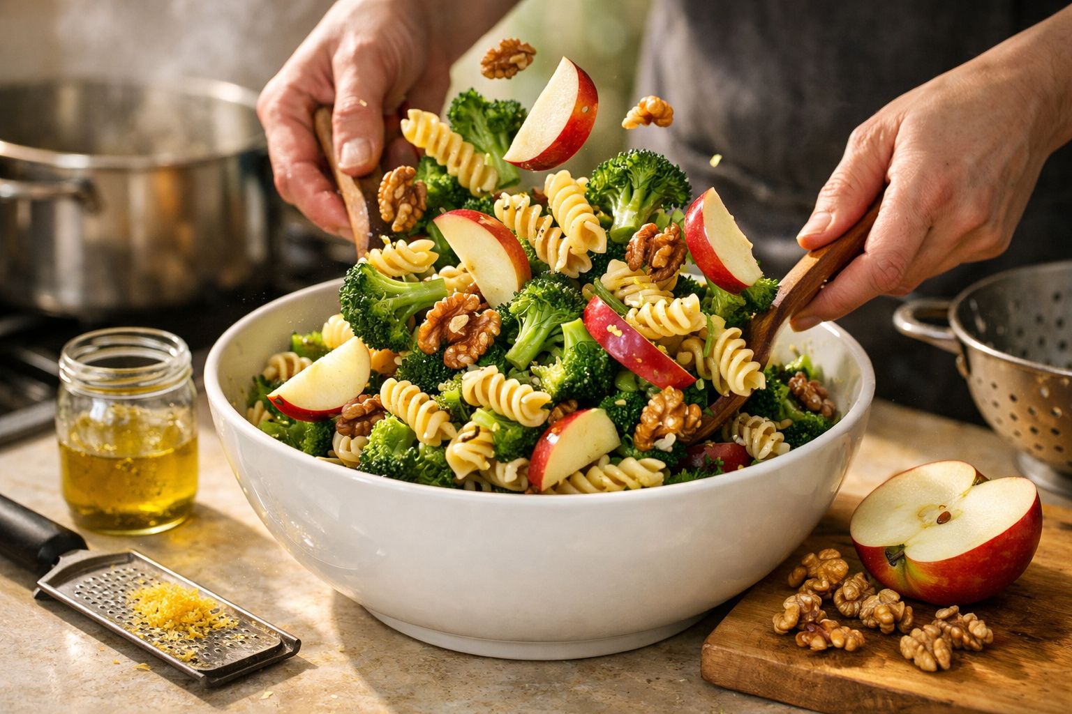 Pessoa a servir salada de massa com brócolos, maçãs e nozes em taça branca, com azeite e ralador perto.