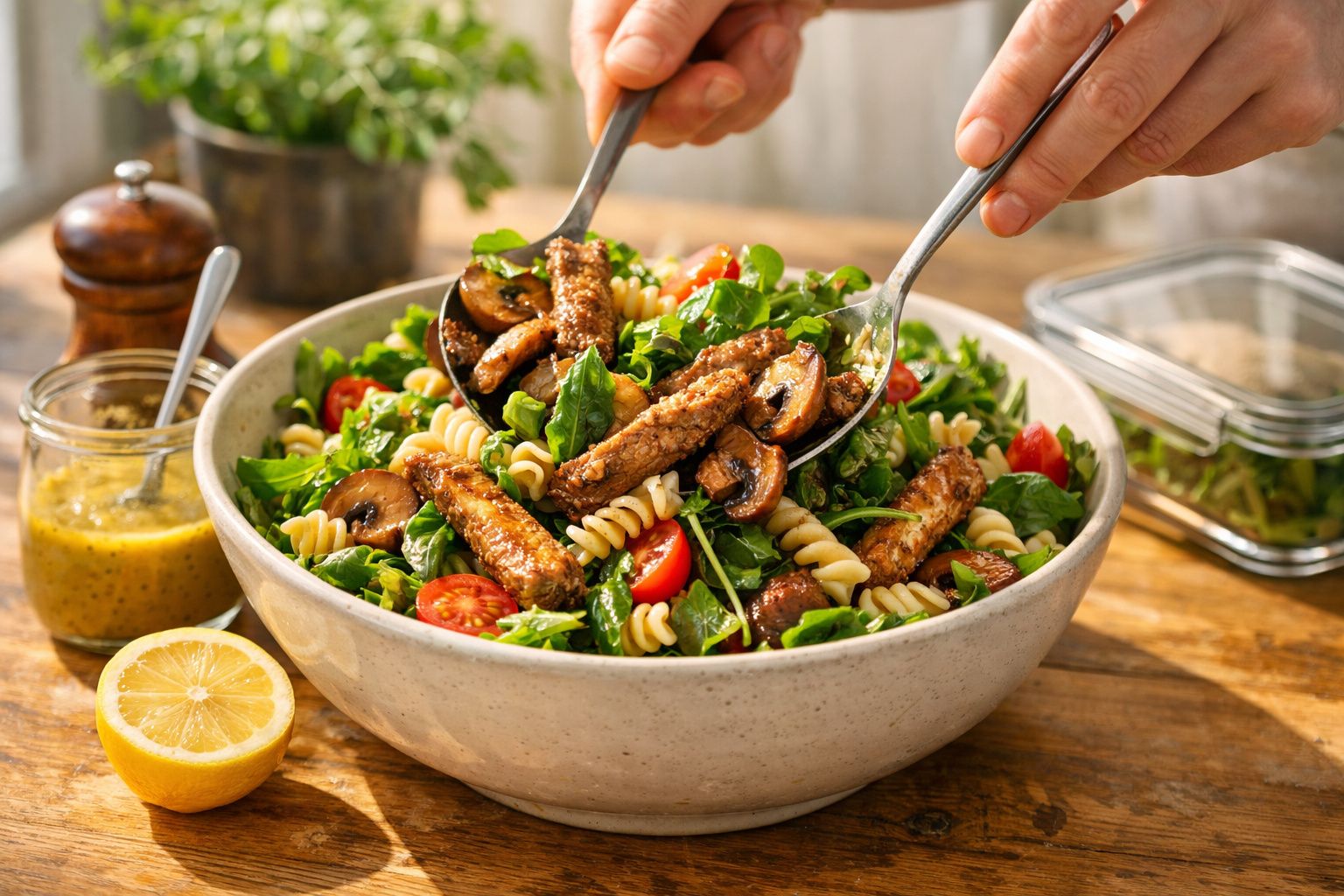 Salada de massa com cogumelos, tomates, espinafres e tiras de carne, servida numa tigela com molho e meio limão ao lado.