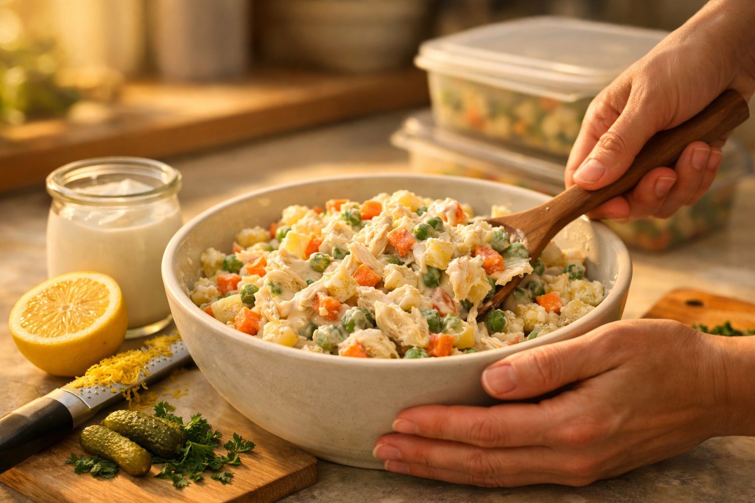 Pessoa a mexer uma salada russa num prato fundo, com molho e limão ao lado, sobre uma bancada de cozinha.