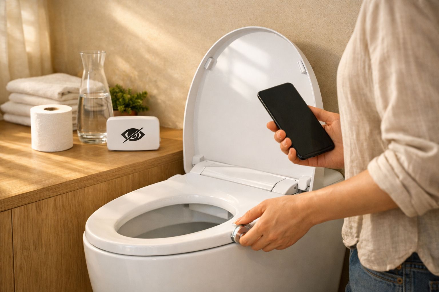Pessoa segurando smartphone ao lado de sanita aberta, com rolo de papel e toalhas ao fundo.