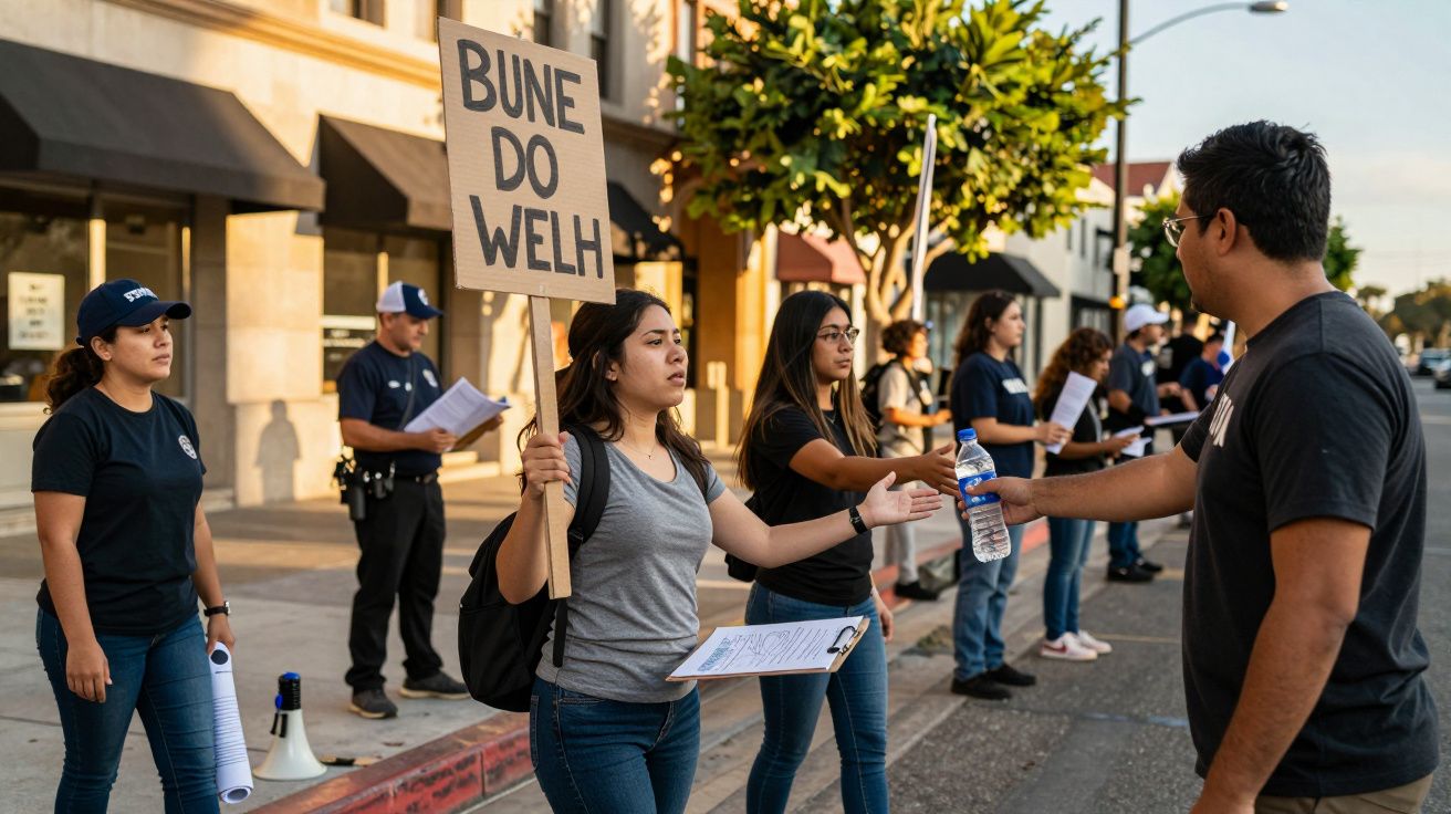 Grupo de pessoas numa manifestação pacífica numa rua, segurando cartazes e distribuindo garrafas de água.