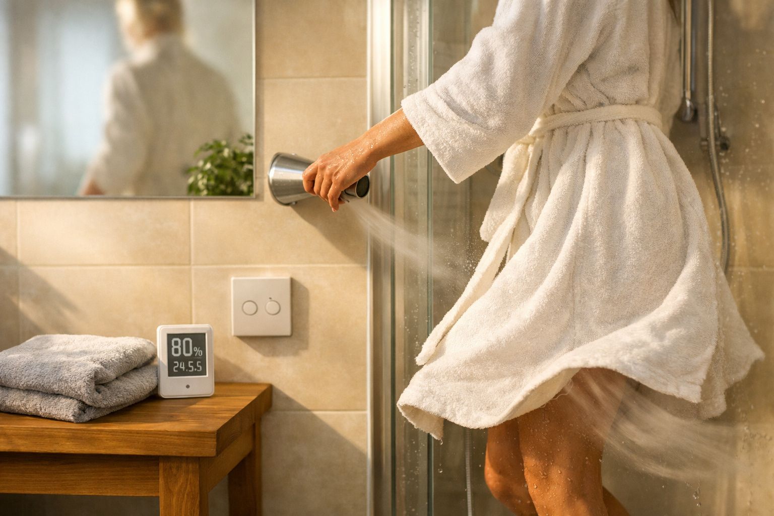Pessoa de robe branco ajusta água do duche; toalhas e dispositivo de medição em bancada ao lado.