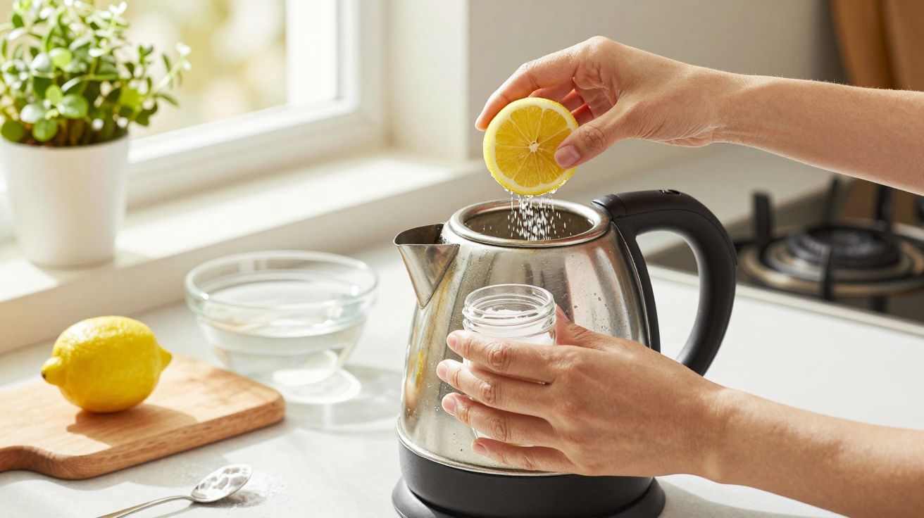 Mãos espremendo uma fatia de limão numa chaleira elétrica em cozinha, com limão e plantas ao fundo.