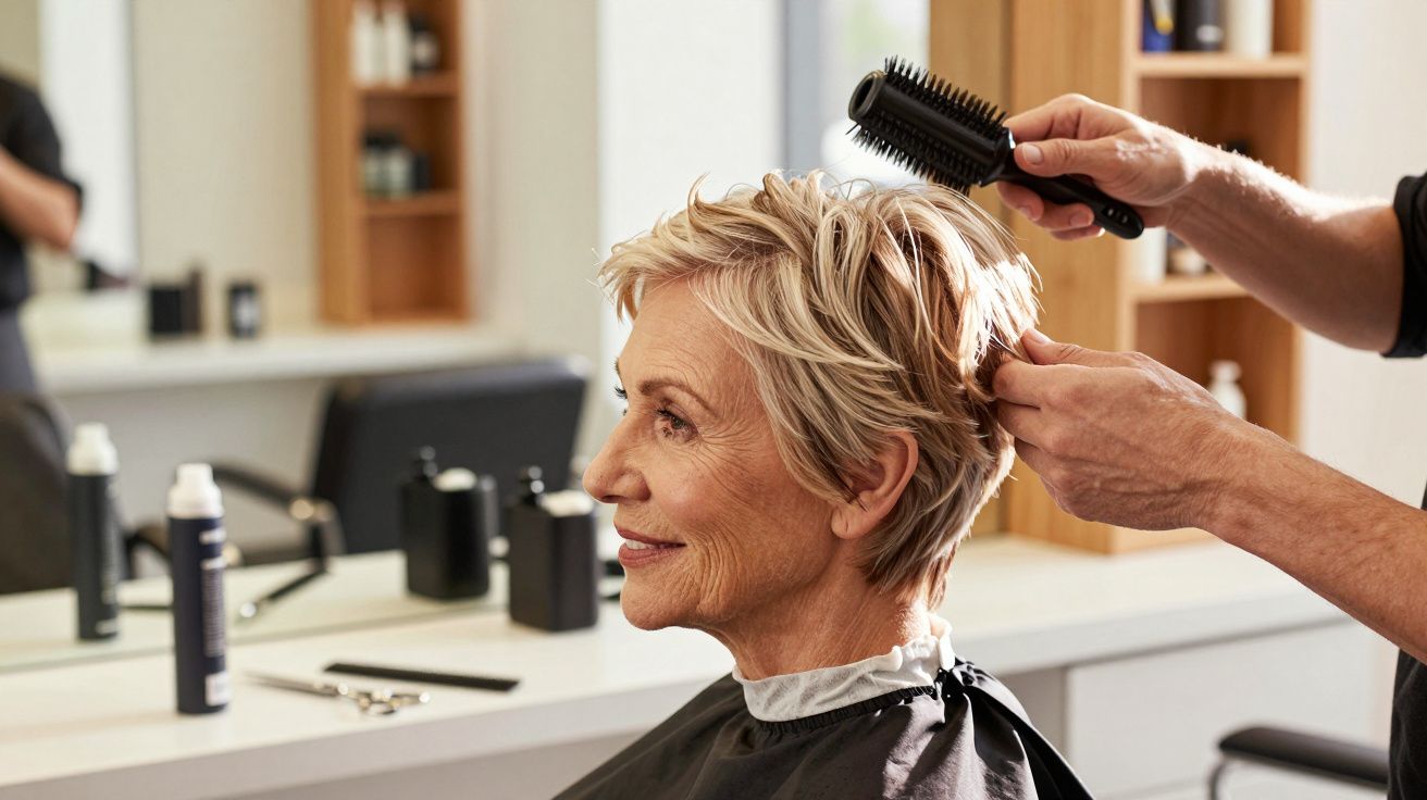 Mulher idosa sorrindo enquanto cabeleireiro estiliza o seu cabelo curto num salão moderno.