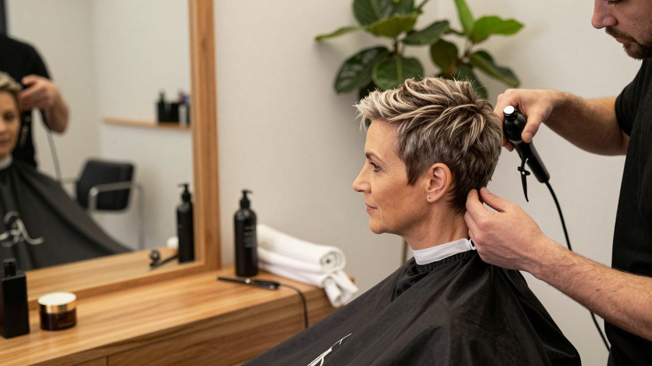 Mulher de cabelo curto a ser penteada por cabeleireiro num salão moderno com espelho e plantas.