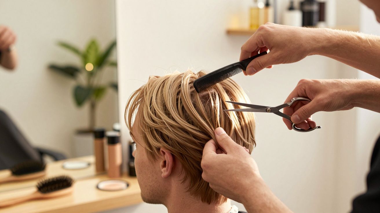 Pessoa a cortar cabelo loiro curto num salão, com tesoura e pente.