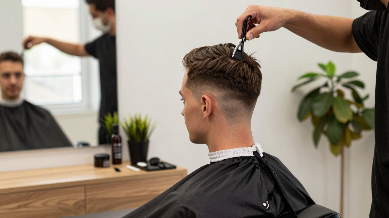 Homem sentado numa barbearia, enquanto barbeiro faz corte de cabelo com pente e tesoura.