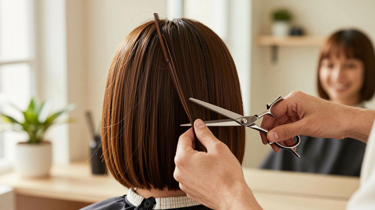 Cabeleireiro corta cabelo castanho curto de uma cliente sorridente sentada de frente para o espelho.
