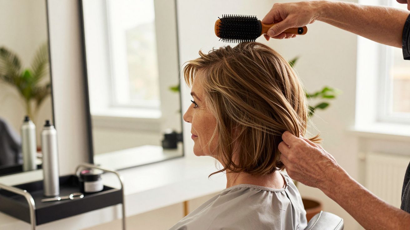 Cabeleireiro a escovar o cabelo de uma mulher num salão moderno e bem iluminado.
