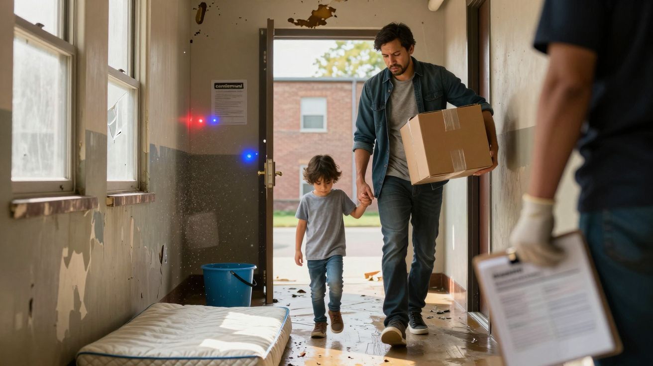 Homem com caixa e criança de mãos dadas, caminhando por corredor danificado; chão molhado e colchão empapado.