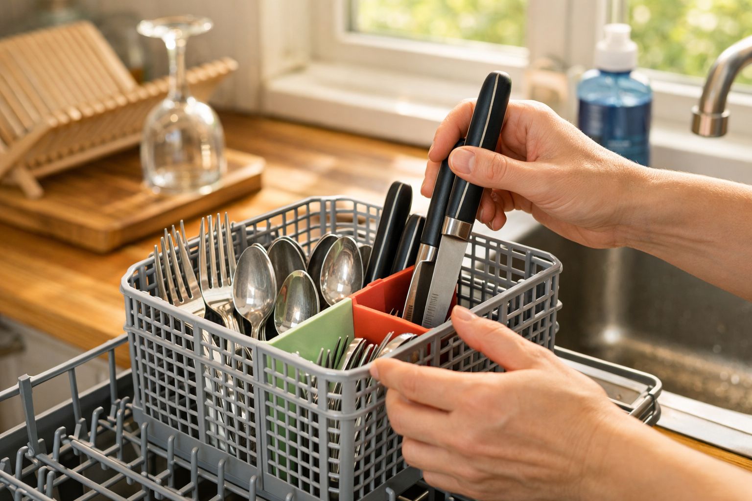Mãos organizam talheres na máquina de lavar loiça, com utensílios separados em compartimentos coloridos.