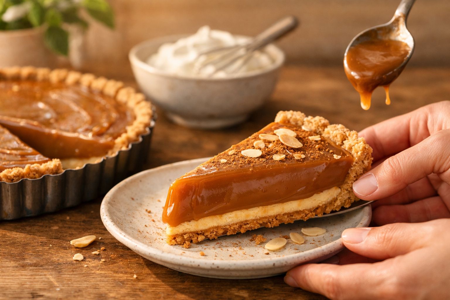 Fatia de tarte de caramelo com amêndoas, sobre prato, com colher de caramelo ao fundo e restante tarte ao lado.