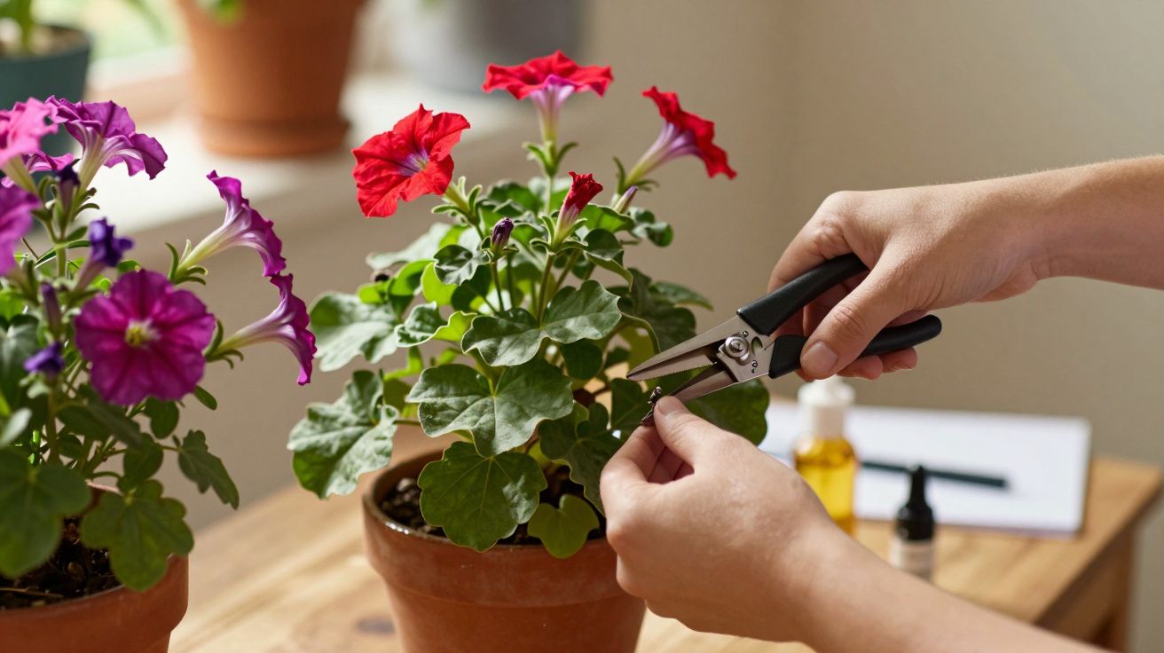 Mãos cuidando de flores vermelhas e roxas num vaso, usando tesoura de jardinagem numa mesa de madeira.