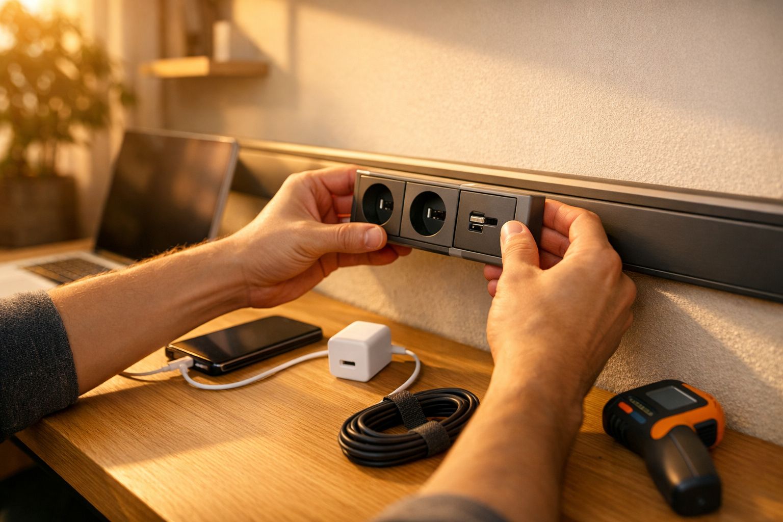 Mãos ajustam uma régua de tomadas com fichas USB numa secretária, perto de um portátil e acessórios eletrónicos.
