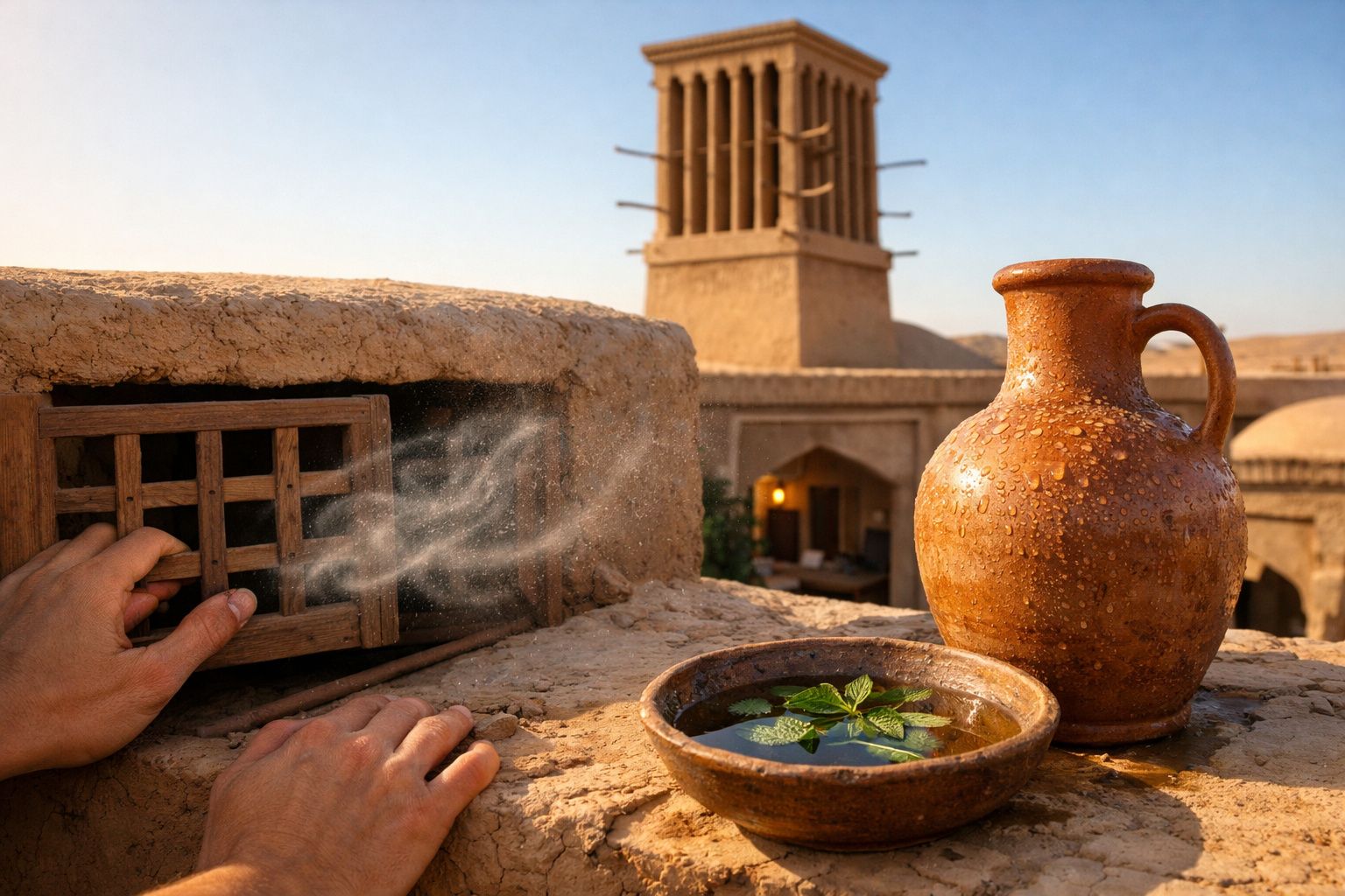 Mãos tocam grelha em telhado de barro com jarro e tijela de água; ao fundo, torre tradicional sob céu azul.