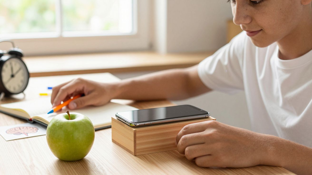 Rapaz estudando à secretária com maçã verde e relógio. Telefone sobre caixa de madeira.