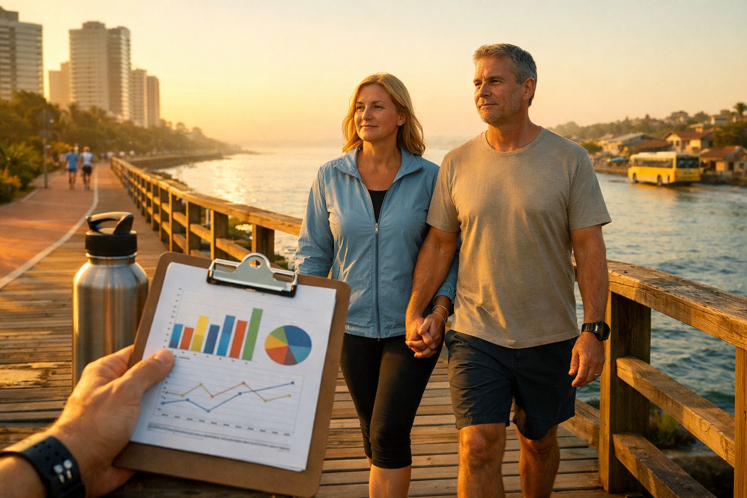 Casal caminha de mãos dadas num passadiço à beira-mar ao pôr do sol; gráficos num bloco de notas são visíveis.